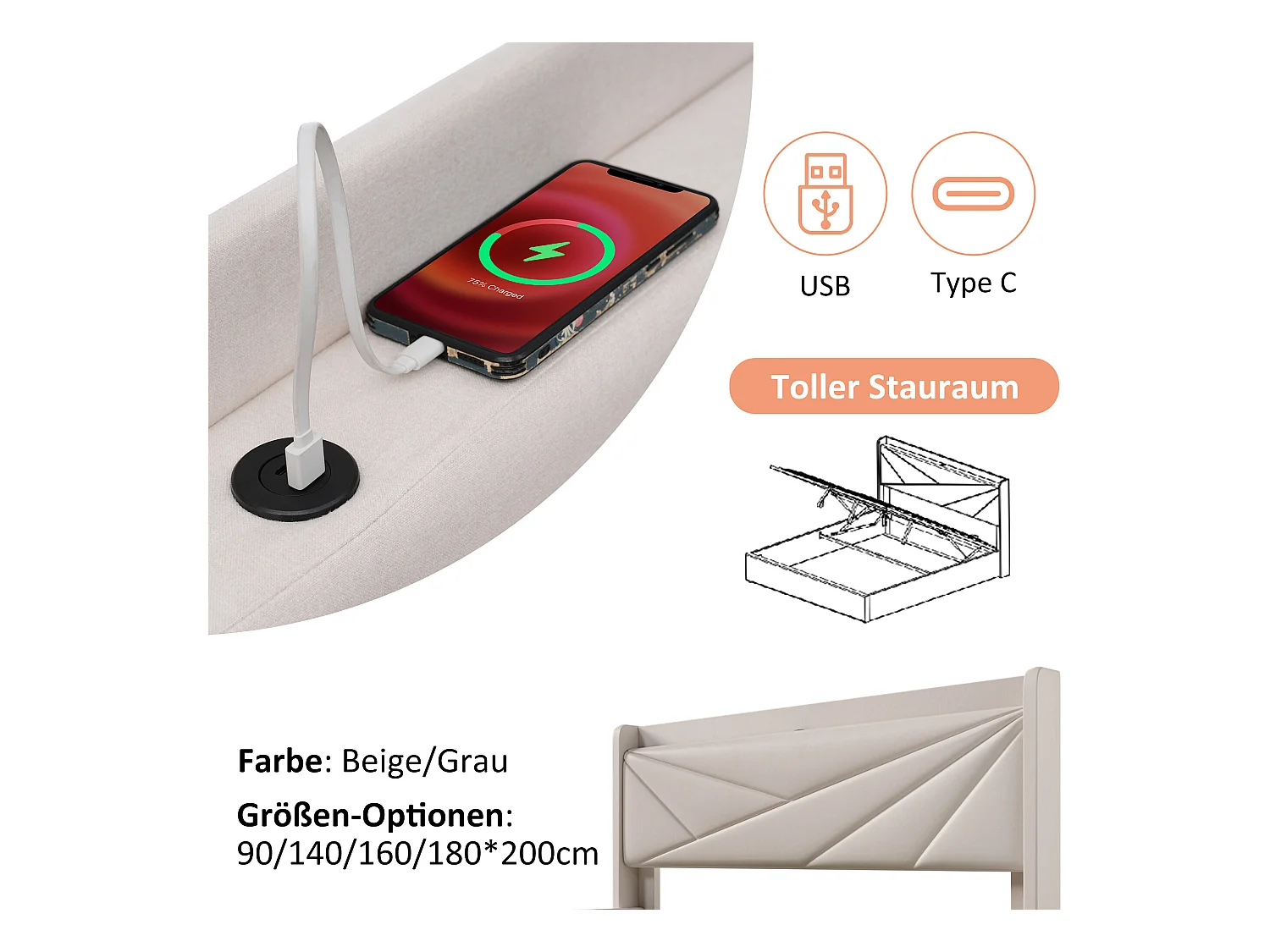 Bed met opbergruimte en usb type c lade, 90x200
