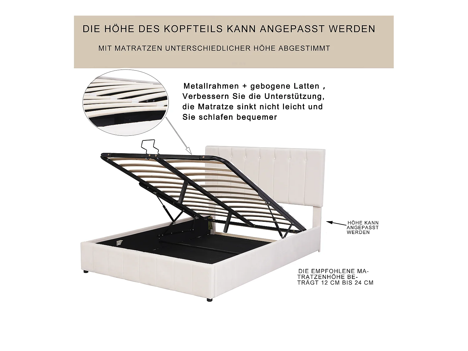 Tweepersoonsbed 140*200 met hydraulische opbergruimte, crèmewit.
