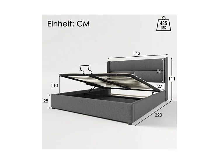 Lit double avec appuie-tête réglable et espace de rangement, 140x200