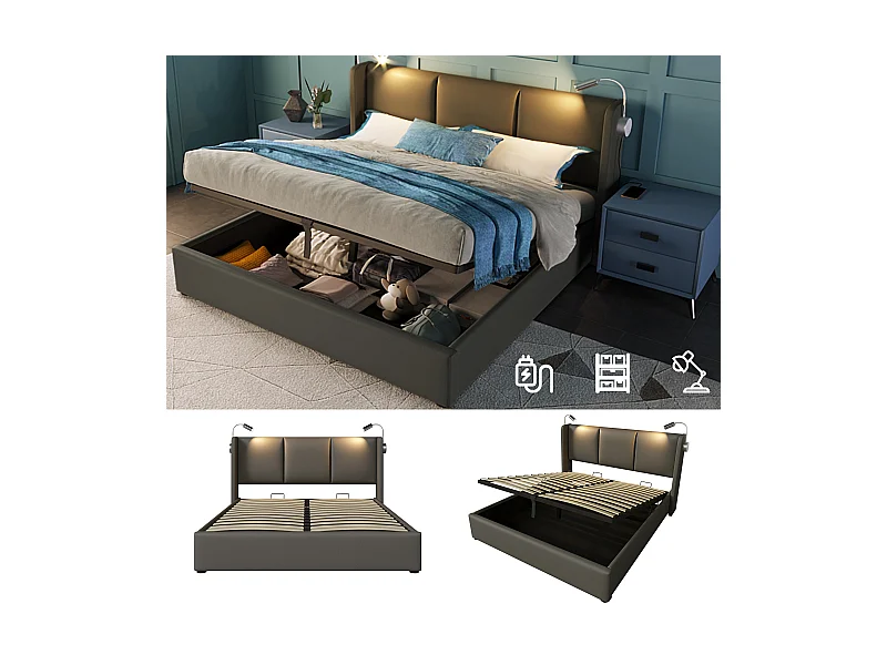 Cama doble con almacenaje y lámpara de lectura integrada, 160x200 gris