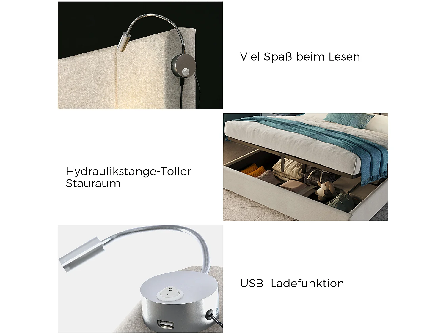 Lit double avec rangement, tête de lit avec lampe de lecture beige 160x200cm