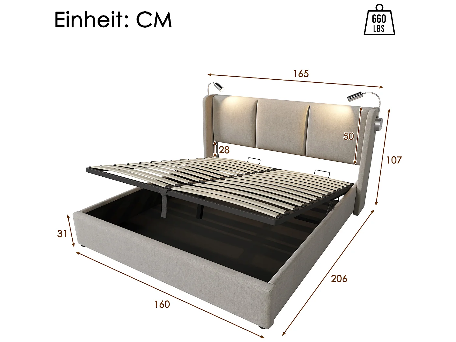 Lit double avec rangement, tête de lit avec lampe de lecture beige 160x200cm