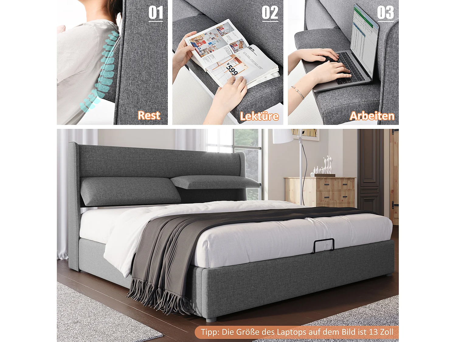 Cama con cabecero regulable y espacio de almacenamiento - (140x200 cm)