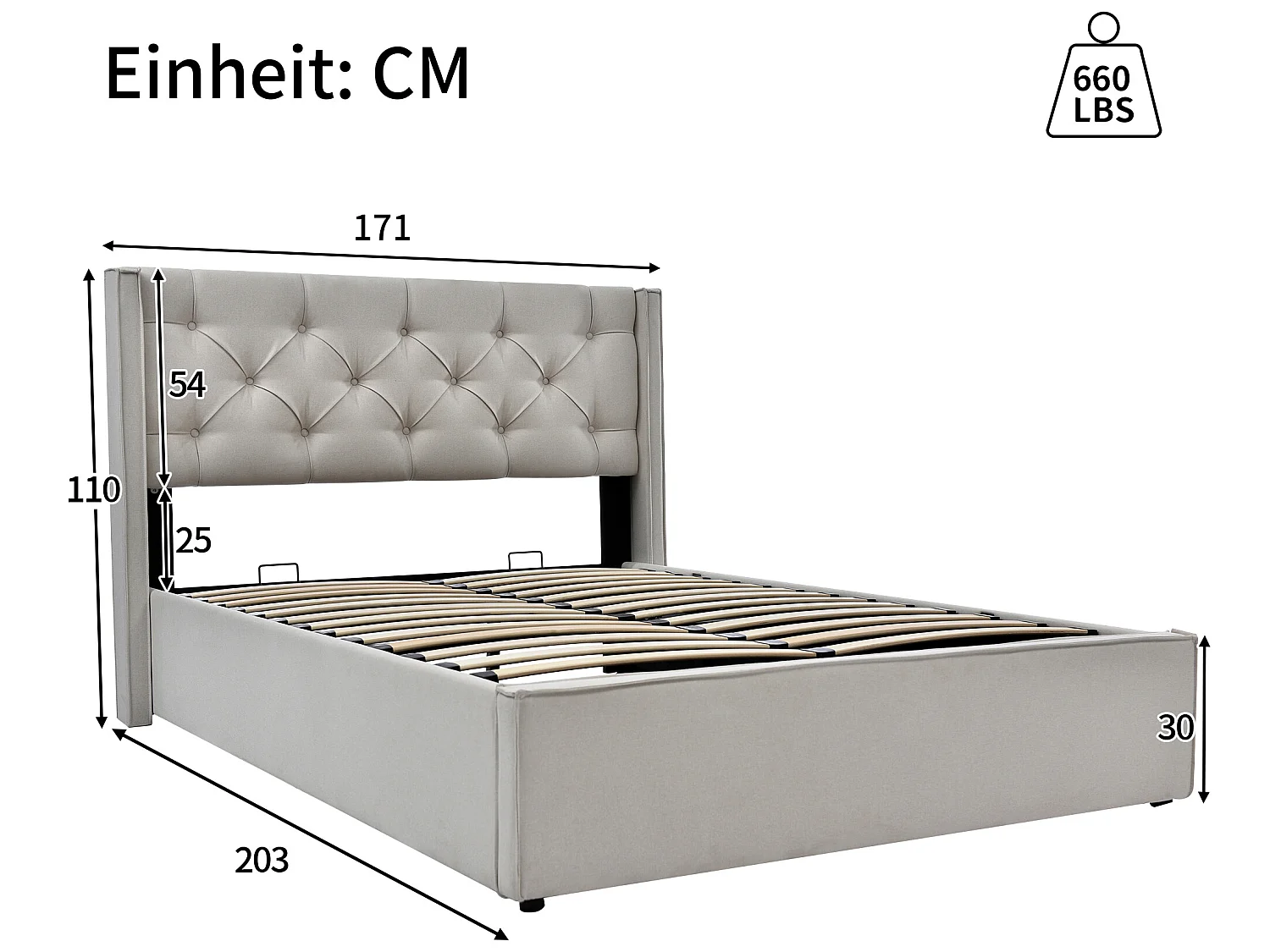 Hydraulisch gestoffeerd tweepersoonsbed 160x200 cm, metalen frame met lattenbodem, elegant design met opbergruimte, katoen, lichtgrijs