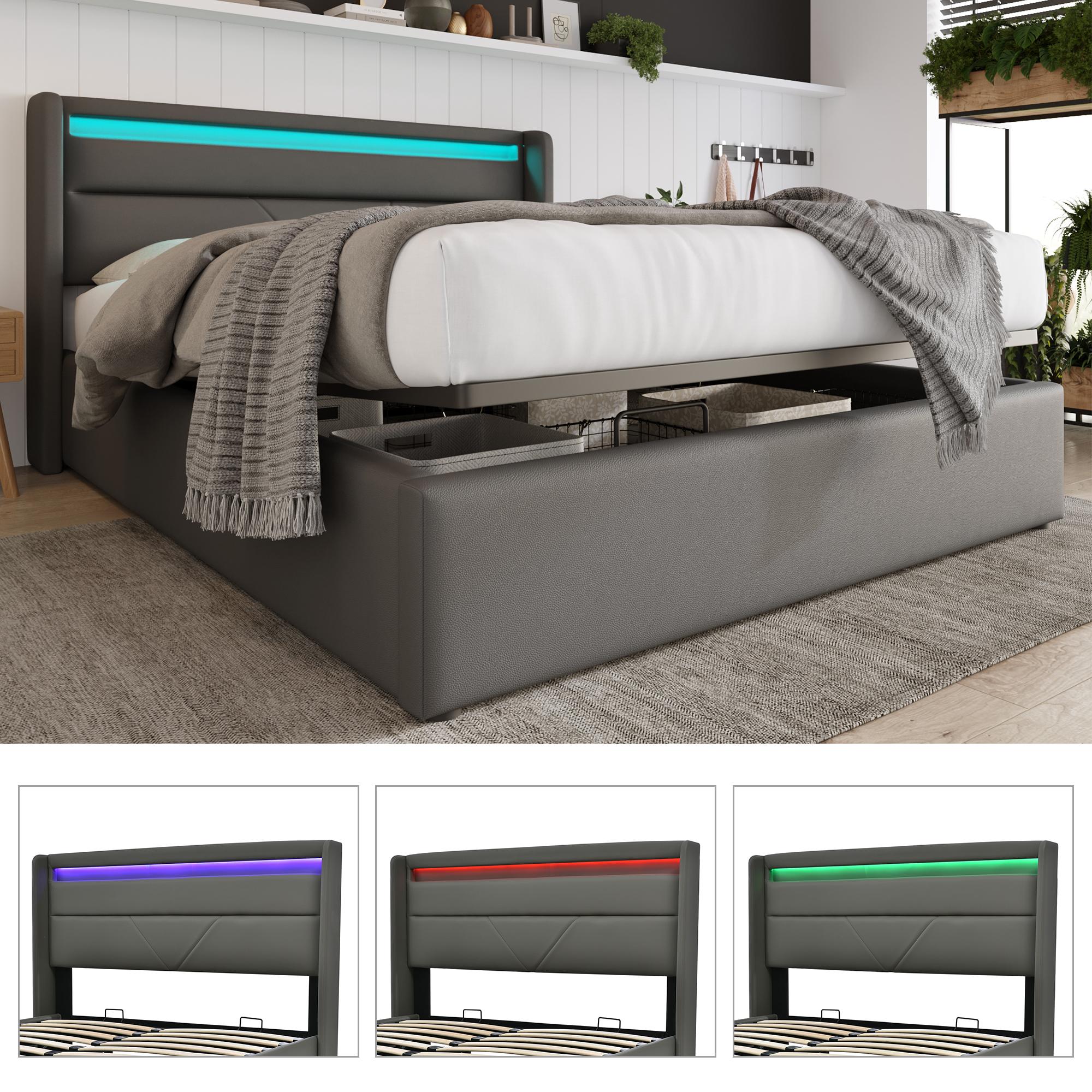 Letto contenitore idraulico con striscia luminosa a LED, 140x200 cm, grigio