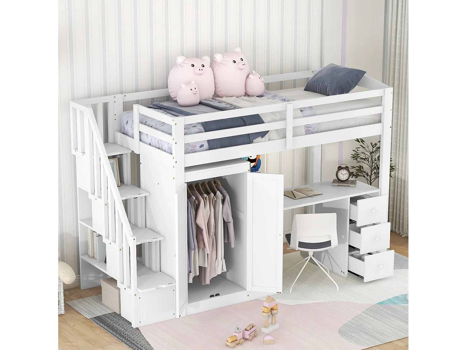 Lit enfant 90 x 200 avec armoire et escalier, bureau et tiroirs, tout-en-un, blanc