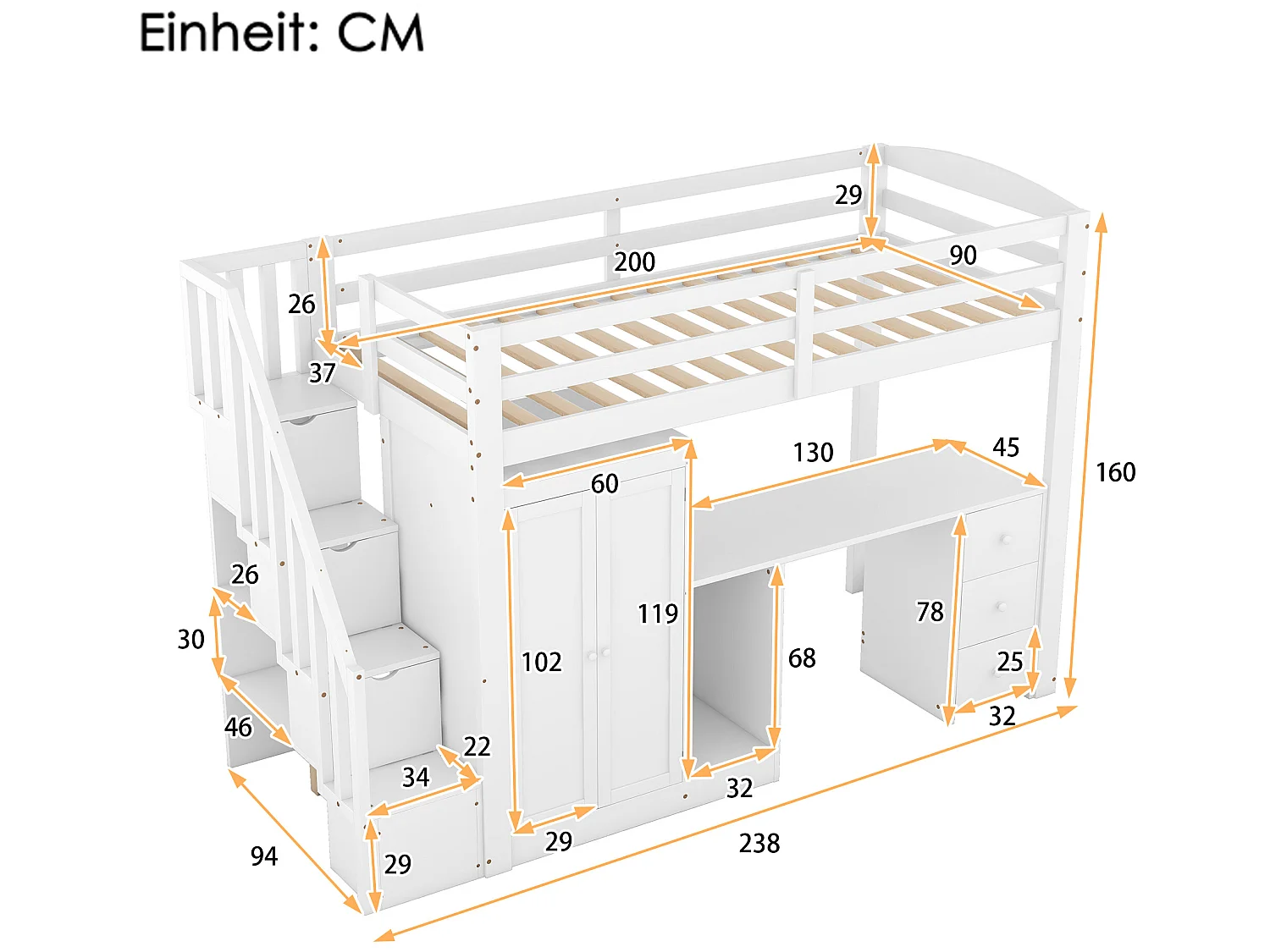 Lit enfant 90 x 200 avec armoire et escalier, bureau et tiroirs, tout-en-un, blanc