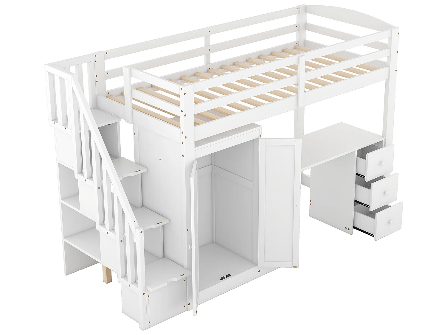 Lit enfant 90 x 200 avec armoire et escalier, bureau et tiroirs, tout-en-un, blanc