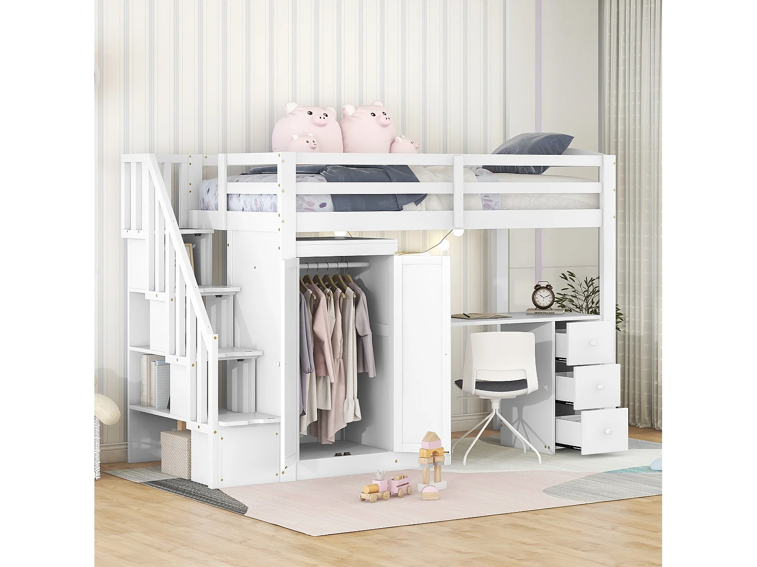 Lit enfant 90 x 200 avec armoire et escalier, bureau et tiroirs, tout-en-un, blanc