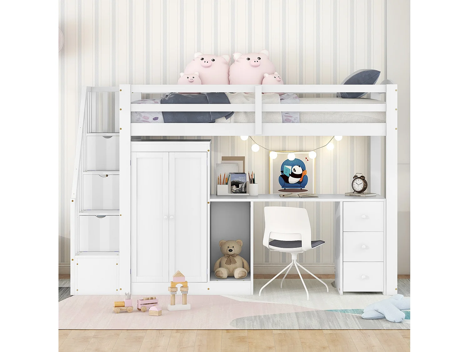 Lit enfant 90 x 200 avec armoire et escalier, bureau et tiroirs, tout-en-un, blanc