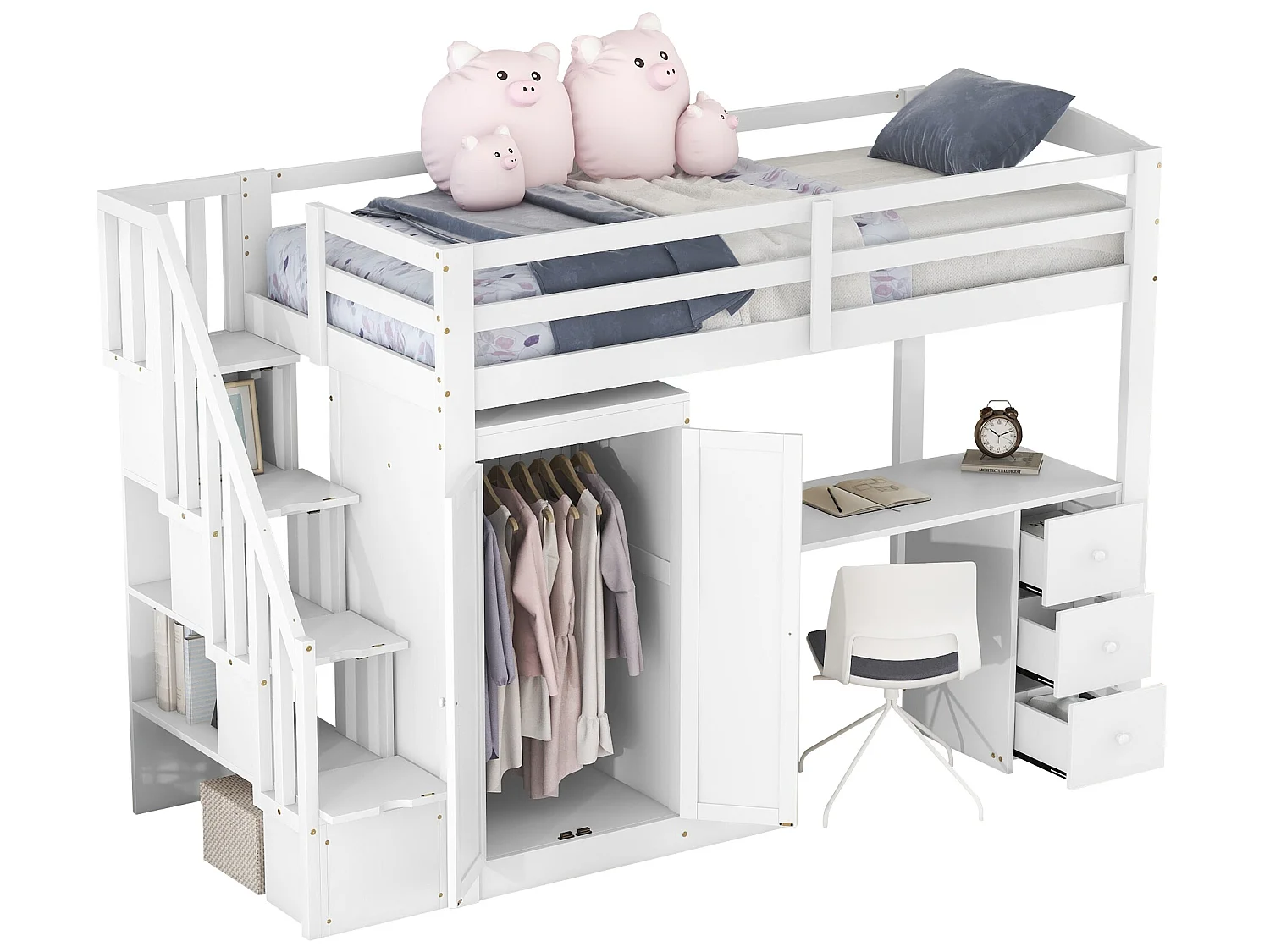 Lit enfant 90 x 200 avec armoire et escalier, bureau et tiroirs, tout-en-un, blanc