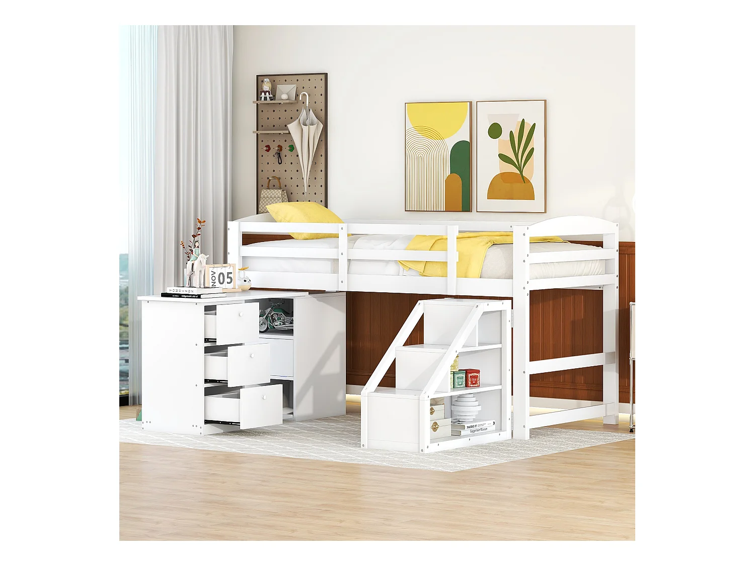 Kinderbed 90 x 200 met geïntegreerd multifunctioneel bureau en trap, wit