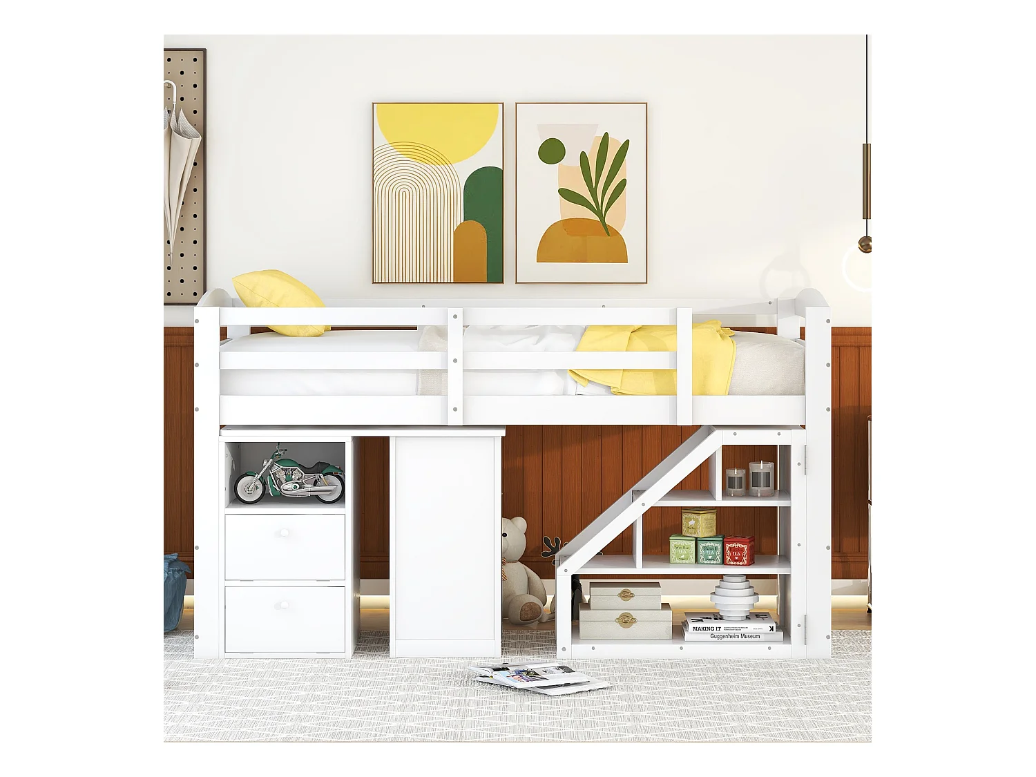 Kinderbed 90 x 200 met geïntegreerd multifunctioneel bureau en trap, wit