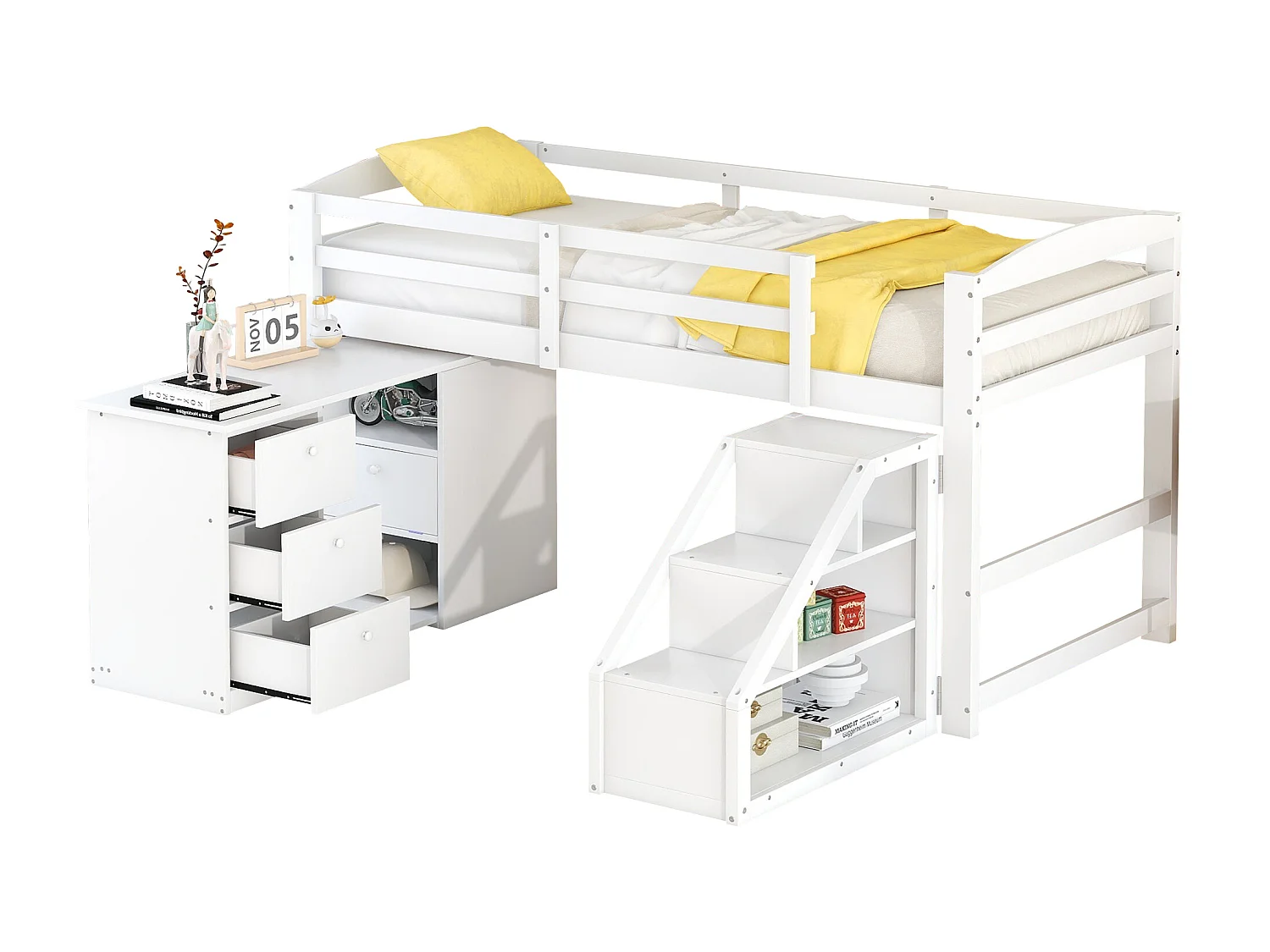 Kinderbed 90 x 200 met geïntegreerd multifunctioneel bureau en trap, wit
