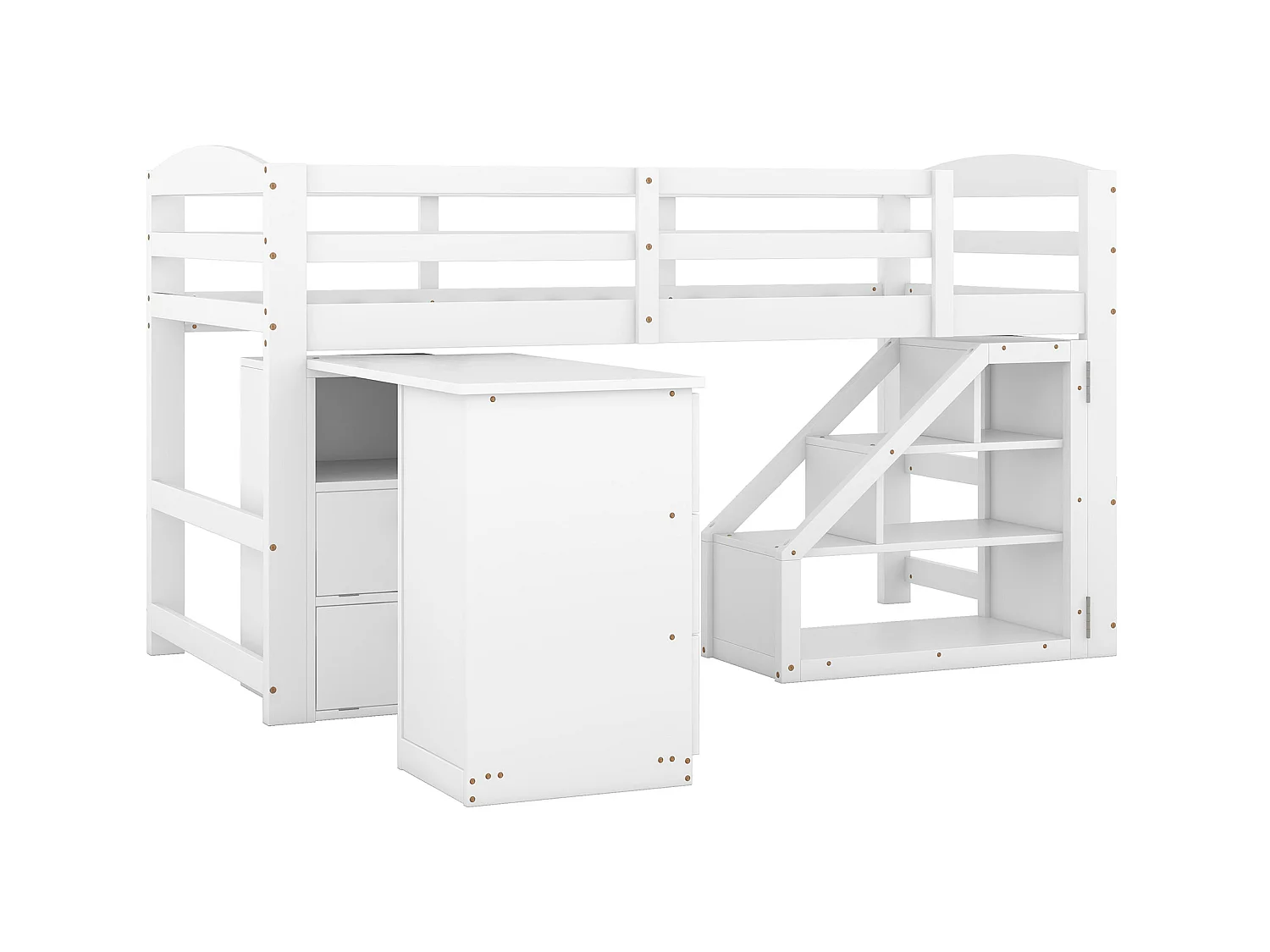 Kinderbed 90 x 200 met geïntegreerd multifunctioneel bureau en trap, wit