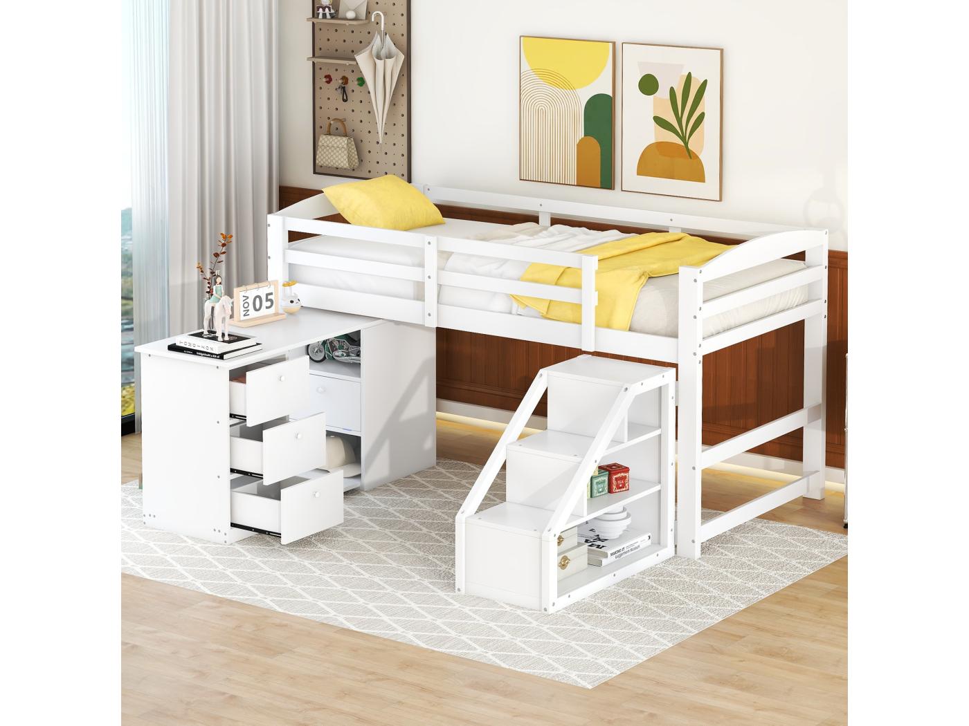 Letto per bambini 90 x 200 con scrivania multifunzionale integrata e  scaletta, bianco