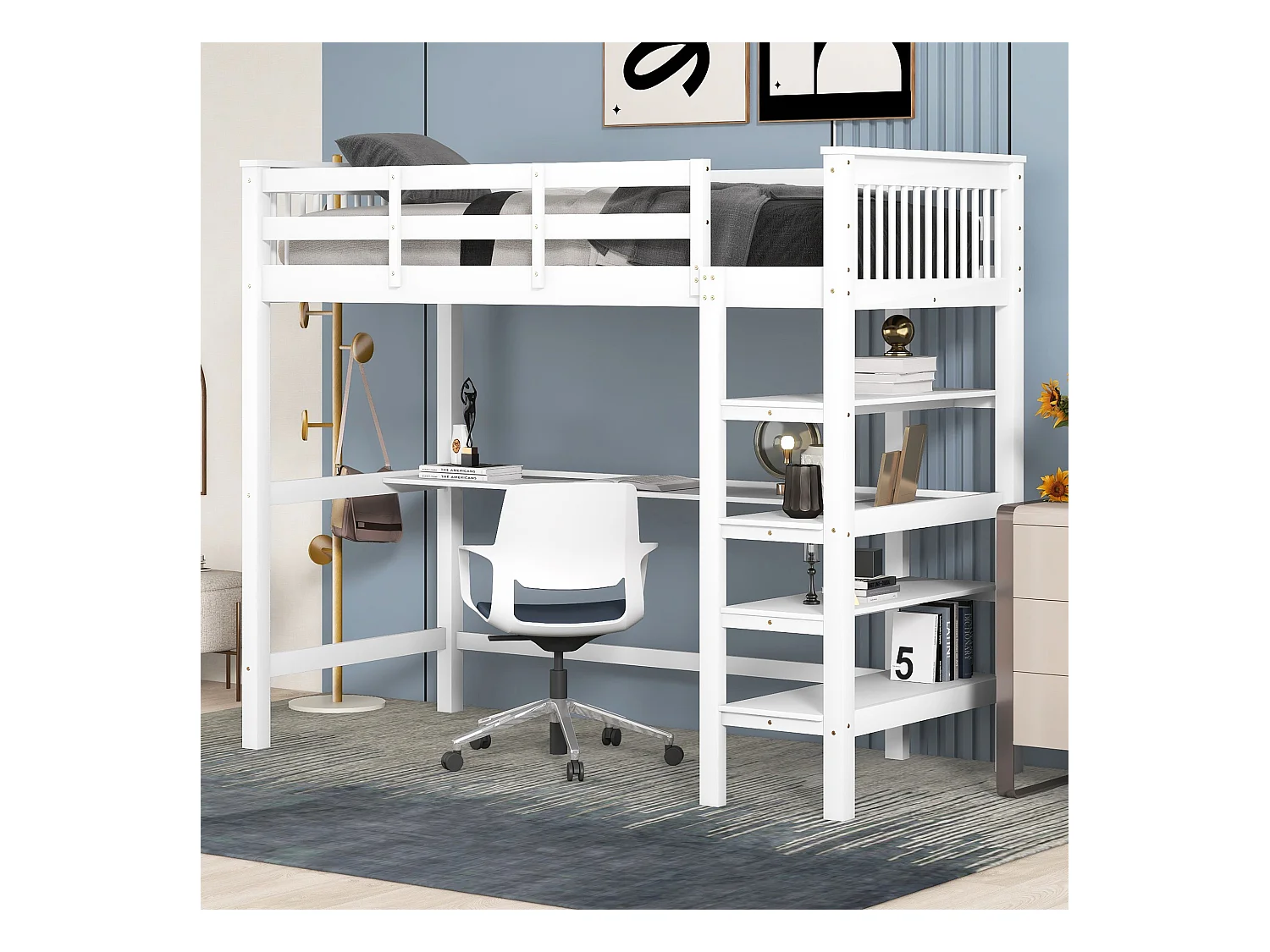 Lit mezzanine pour enfants avec rangements et bureau intégré, blanc, 90 x 200cm