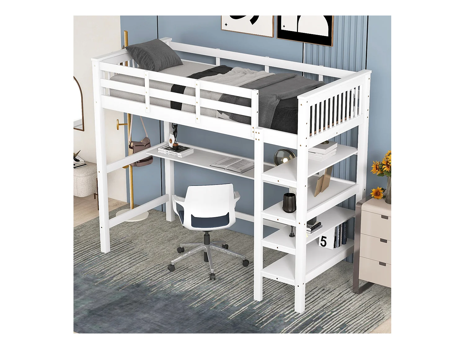Lit mezzanine pour enfants avec rangements et bureau intégré, blanc, 90 x 200cm