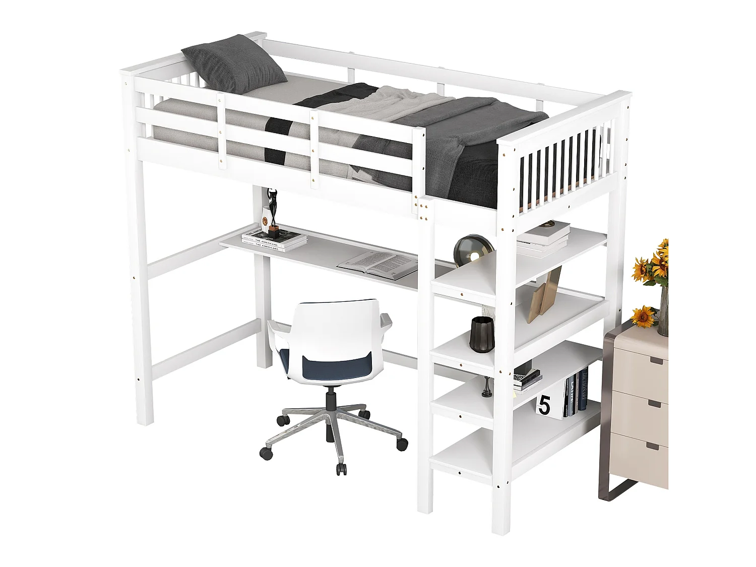 Lit mezzanine pour enfants avec rangements et bureau intégré, blanc, 90 x 200cm