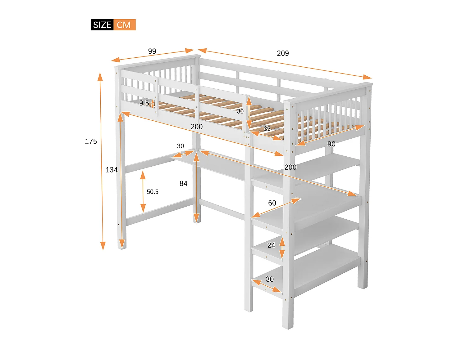 Lit mezzanine pour enfants avec rangements et bureau intégré, blanc, 90 x 200cm