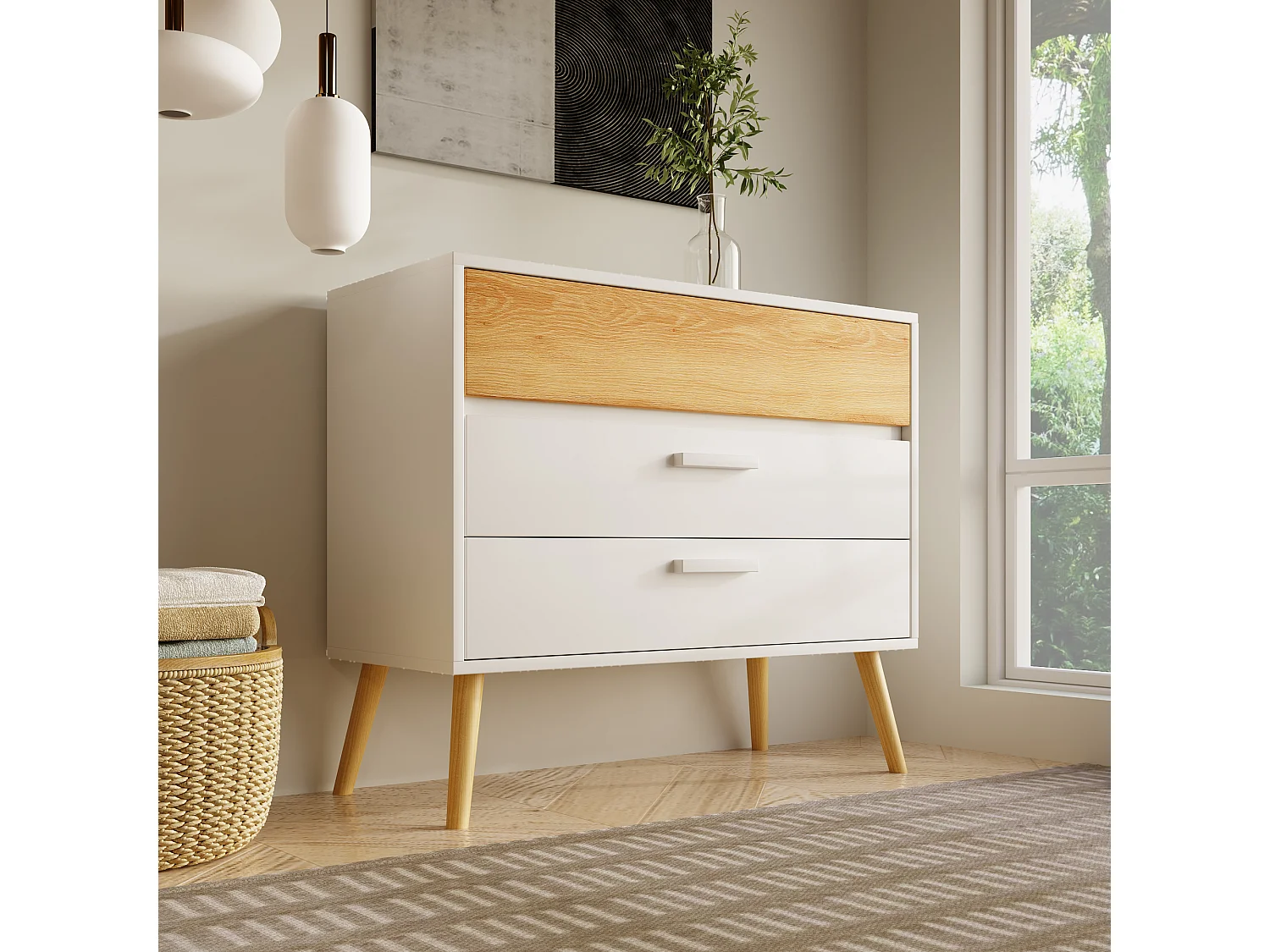 Wit dressoir met 3 laden, ladekast aan de zijkant