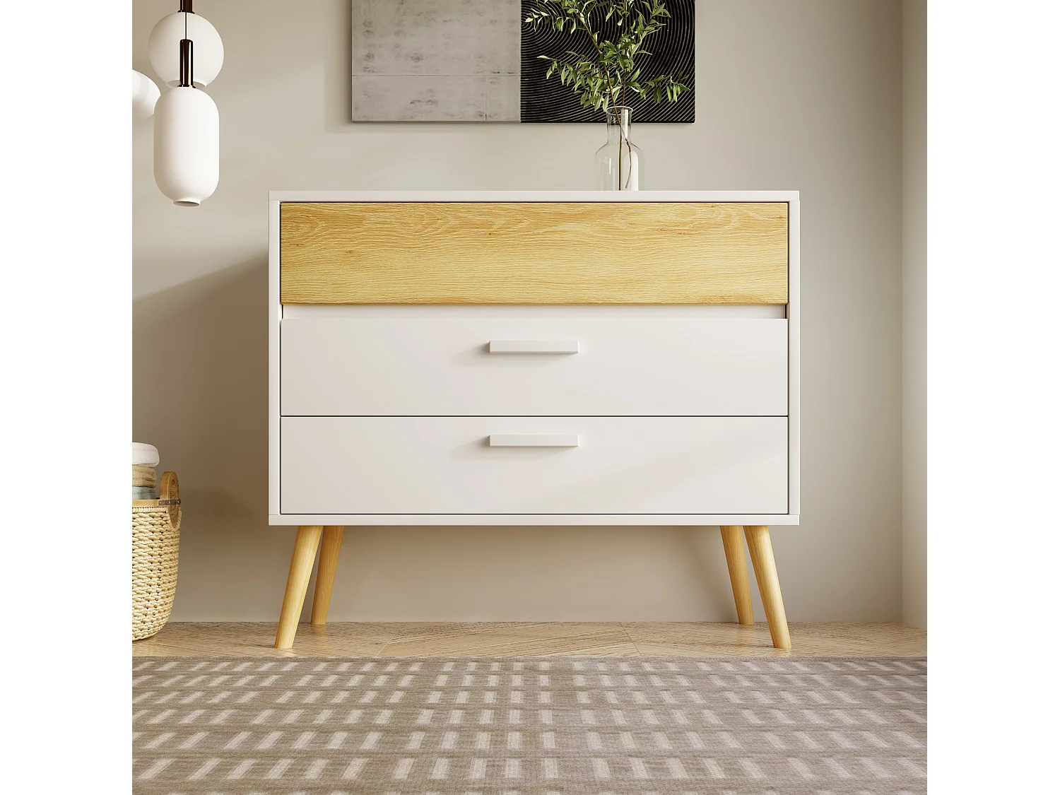 Wit dressoir met 3 laden, ladekast aan de zijkant