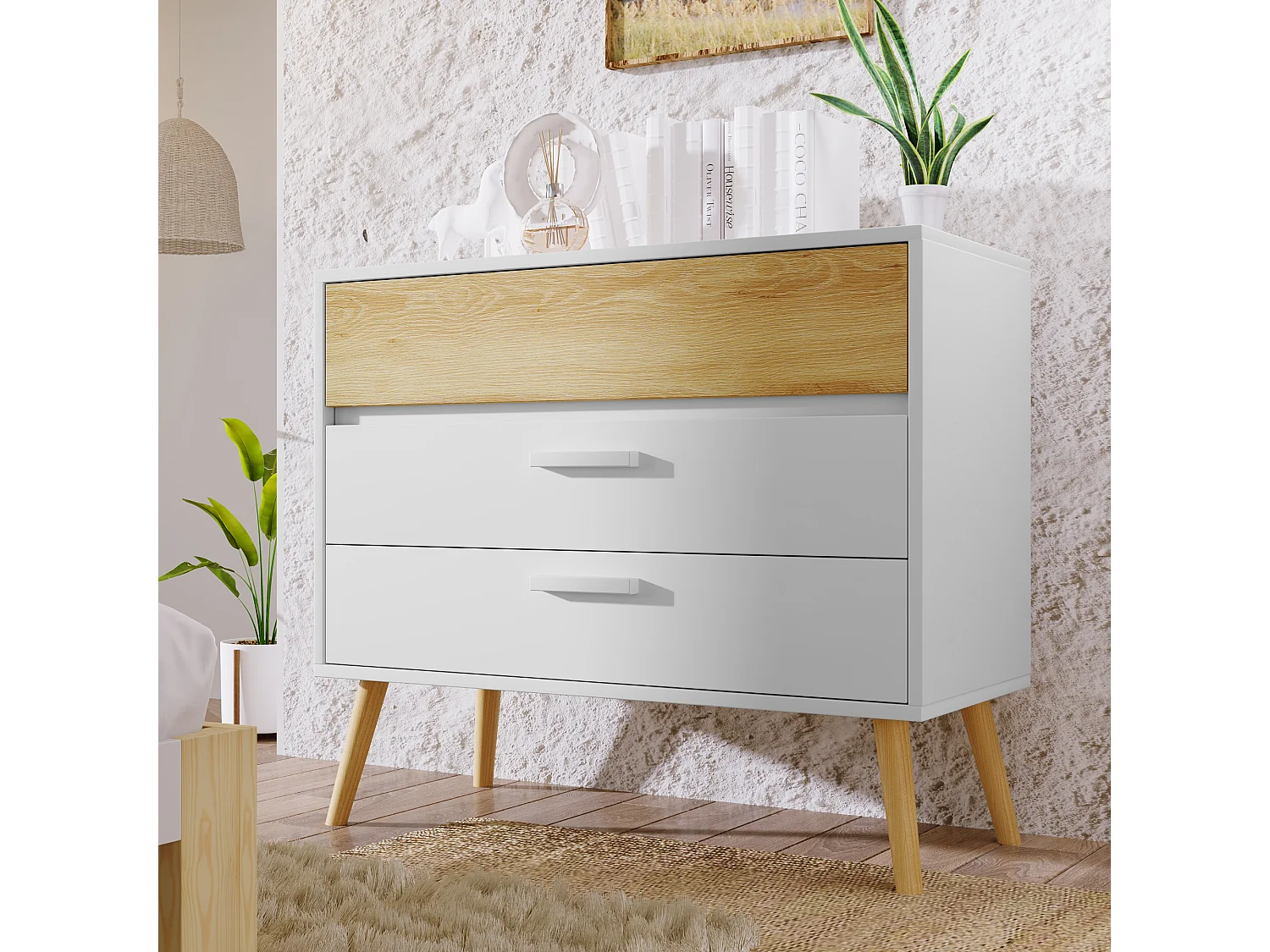 Wit dressoir met 3 laden, ladekast aan de zijkant