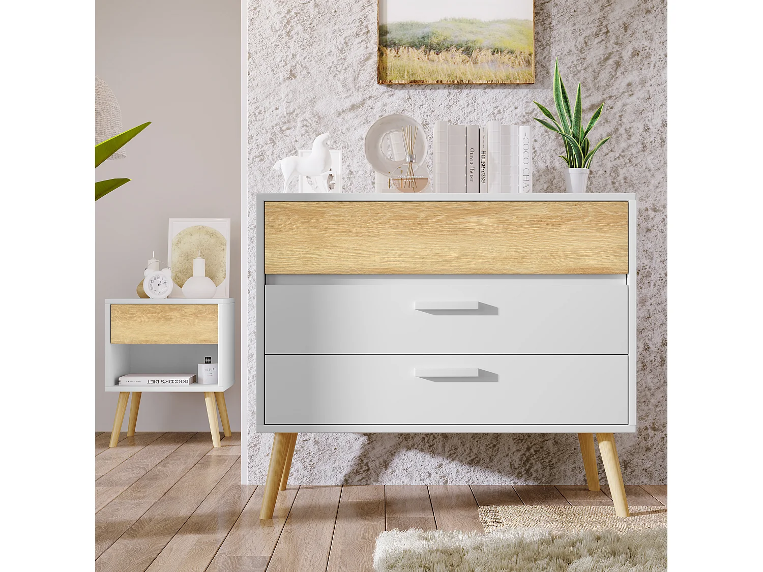 Wit dressoir met 3 laden, ladekast aan de zijkant