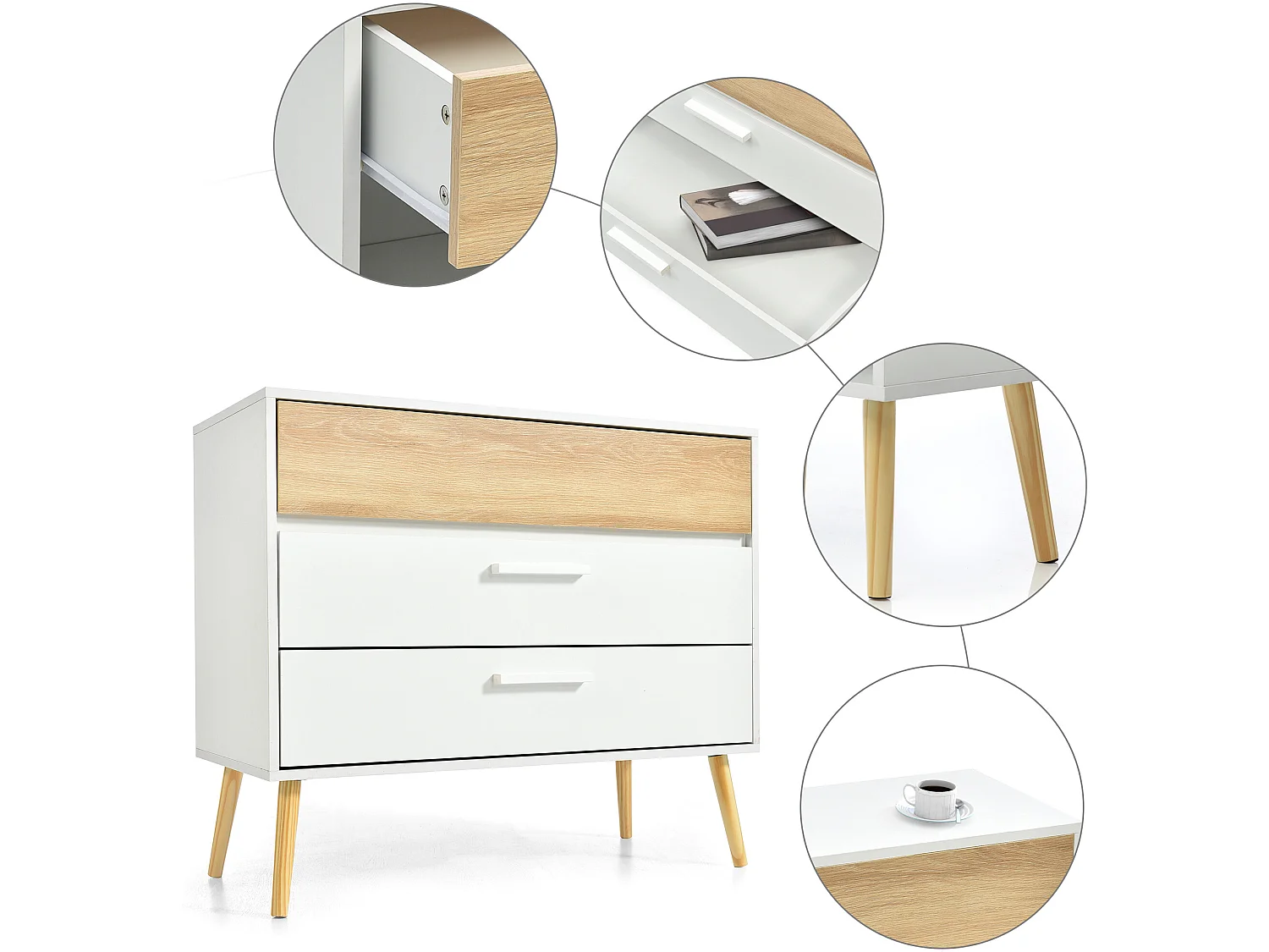 Wit dressoir met 3 laden, ladekast aan de zijkant