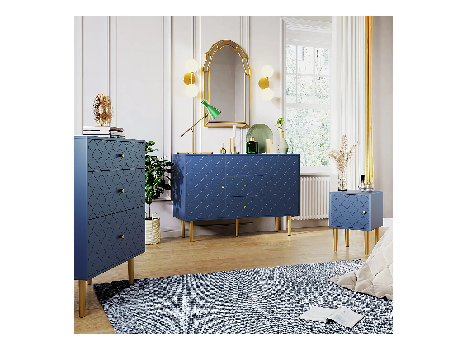 Dressoir met 2 deuren en 3 lades, marineblauw - h82/b120/d40 cm