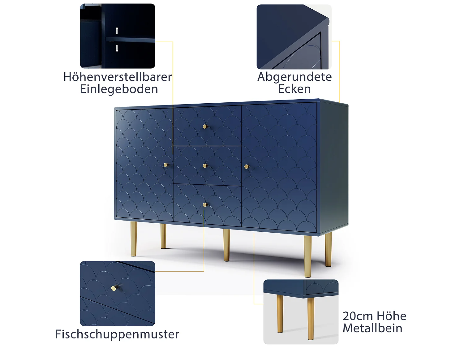 Buffet avec 2 portes et 3 tiroirs, bleu marine - h82/l120/p40 cm