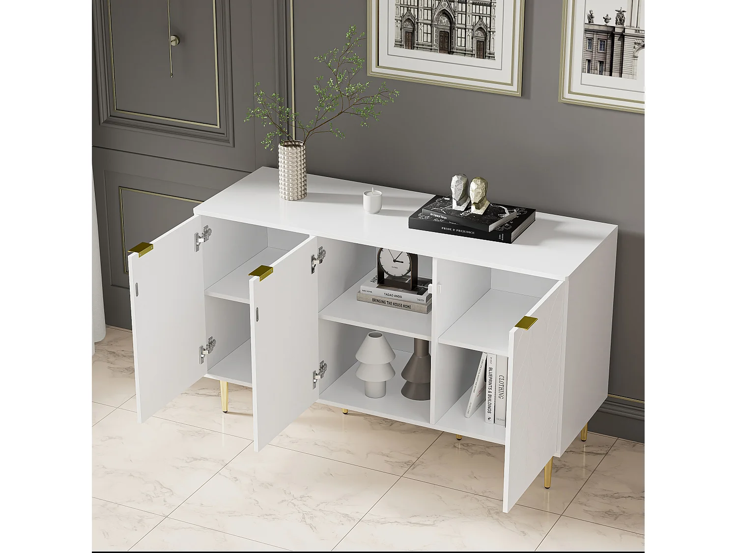 Buffet moderne avec pieds et poignées dorés, coins arrondis, 127l*45p*75h, blanc