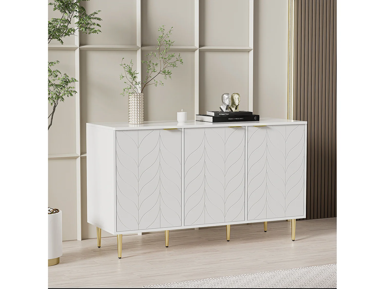 Modern dressoir met gouden poten en handgrepen, afgeronde hoeken, 127l*45d*75h, wit