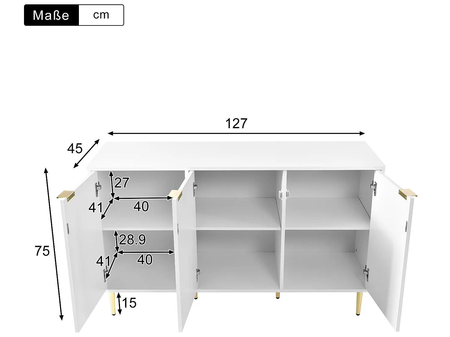 Modern dressoir met gouden poten en handgrepen, afgeronde hoeken, 127l*45d*75h, wit