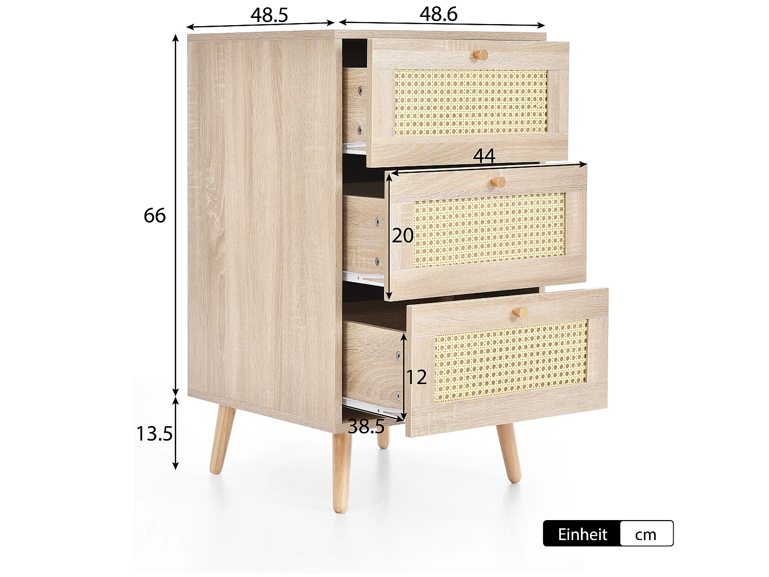 Dressoir - ladekast met 3 laden, in eikenhout - h79,5/l48,6/d48,5 cm