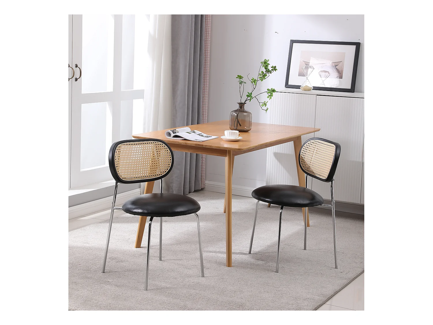 Rotan eetkamerstoel, set van 2 zwarte eettafelstoelen