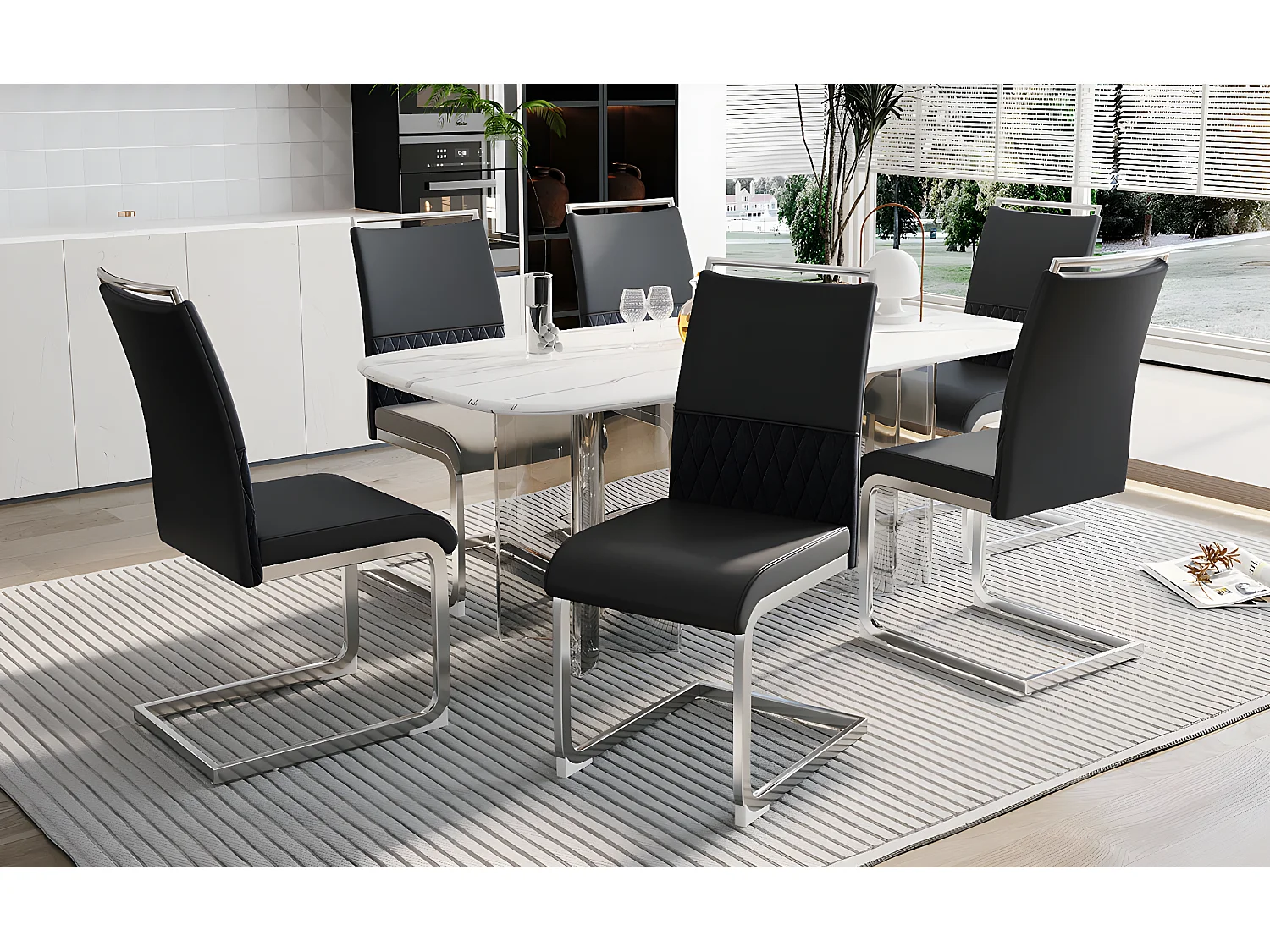 Sillas de comedor modernas, juego de 6, cuero sintético y respaldo de lino, negro