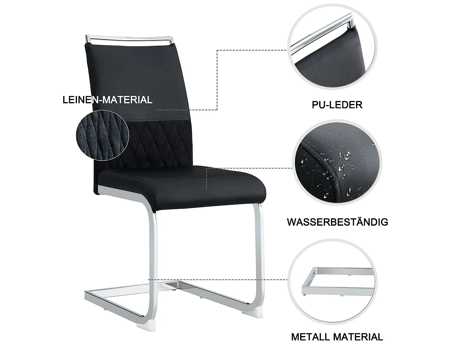 Sillas de comedor modernas, juego de 6, cuero sintético y respaldo de lino, negro