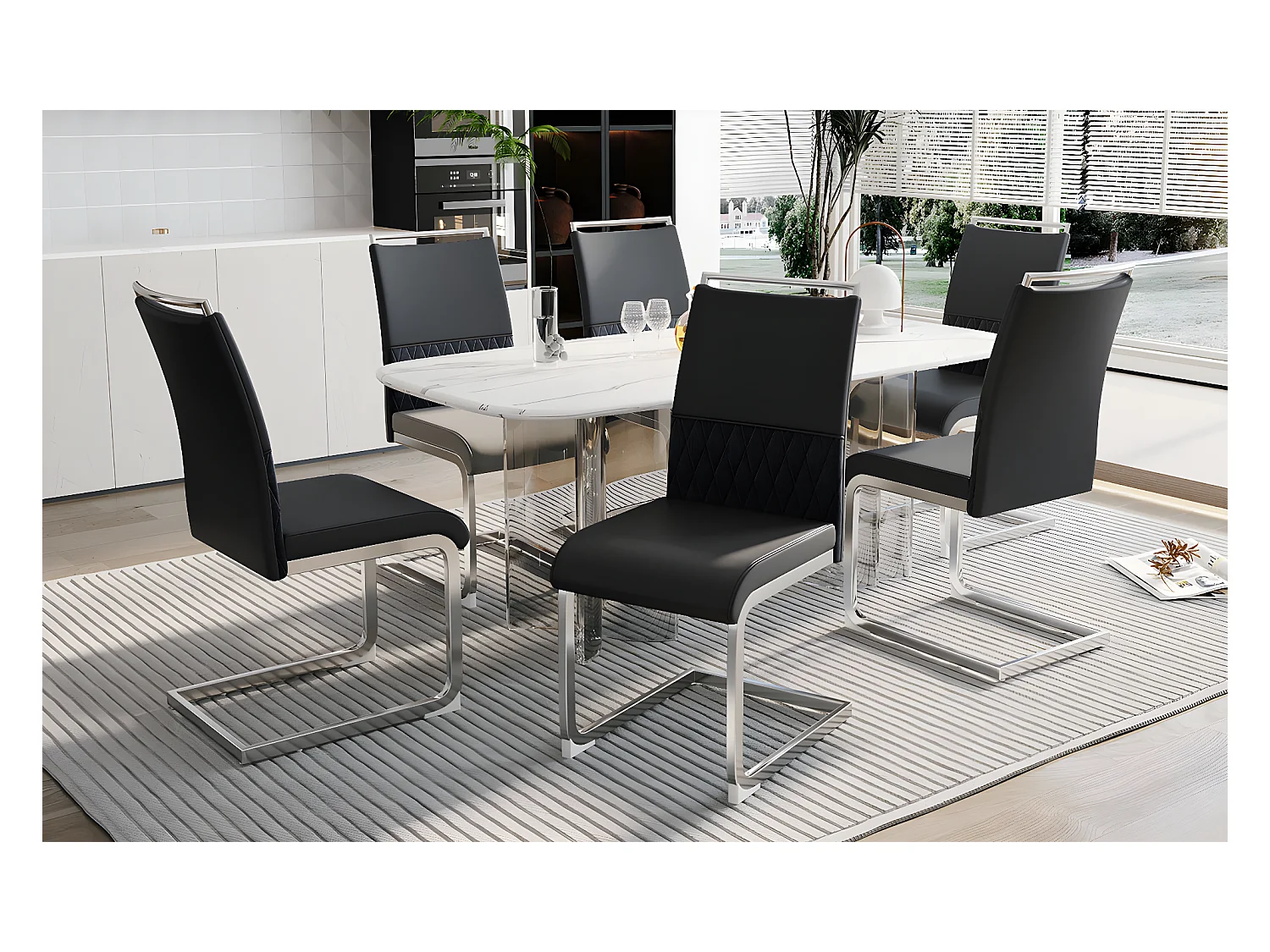 Chaises de salle à manger modernes, ensemble de 6, dossier en cuir pu et lin, noire