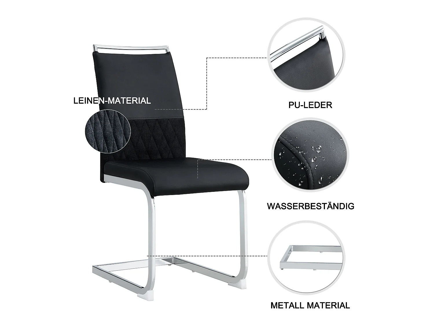 Chaises de salle à manger modernes, ensemble de 6, dossier en cuir pu et lin, noire