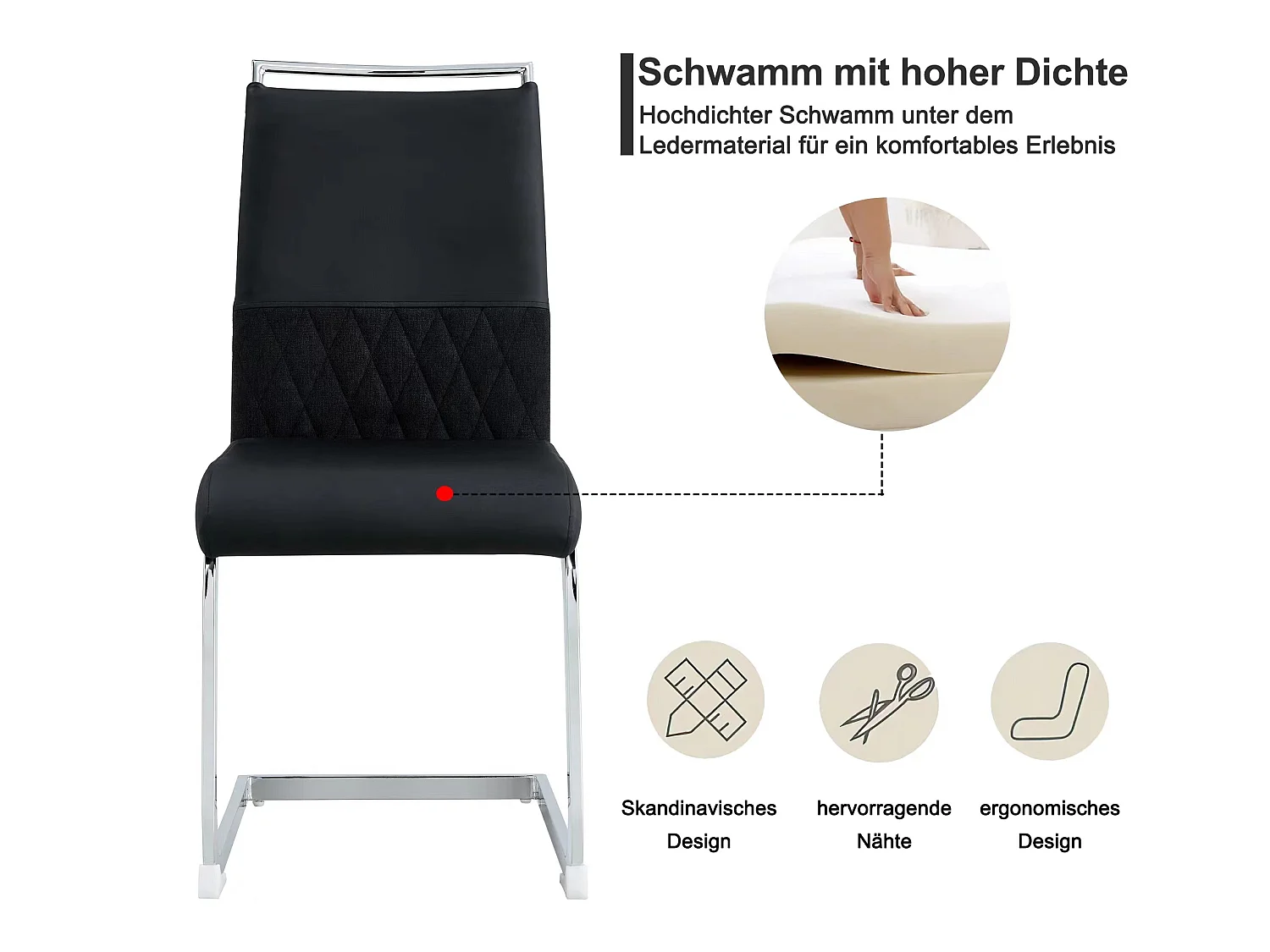 Chaises de salle à manger modernes, ensemble de 6, dossier en cuir pu et lin, noire