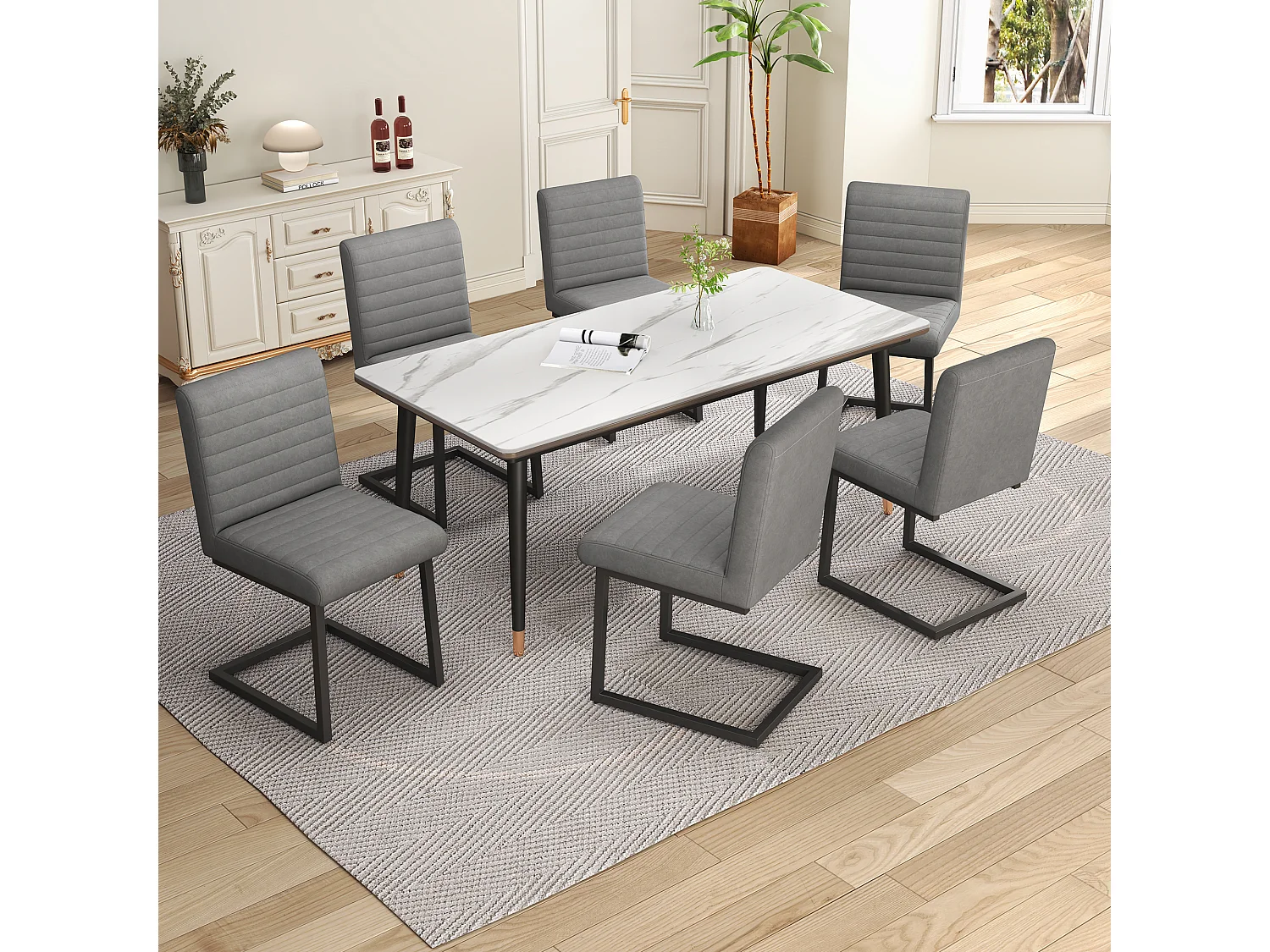 eetkamerstoelen in grijs kunstleer met metalen poten