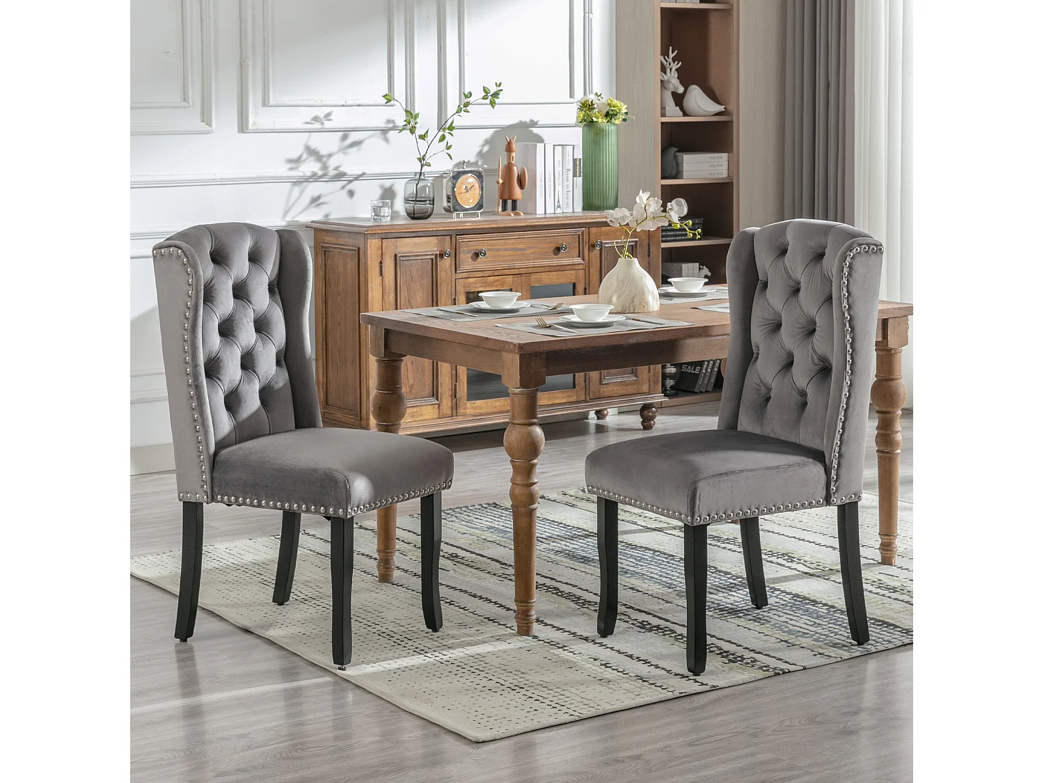 Ensemble de 6 chaises en velours avec pieds en chêne