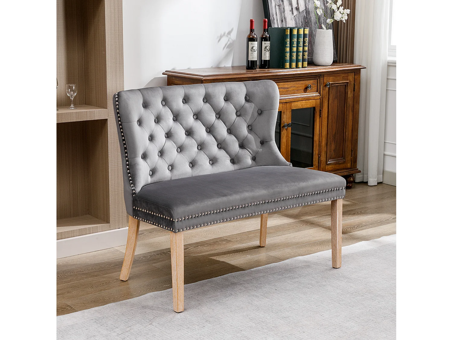 Eetkamerstoel met knopenpatroon, gestoffeerde woonkamerstoel, grijs