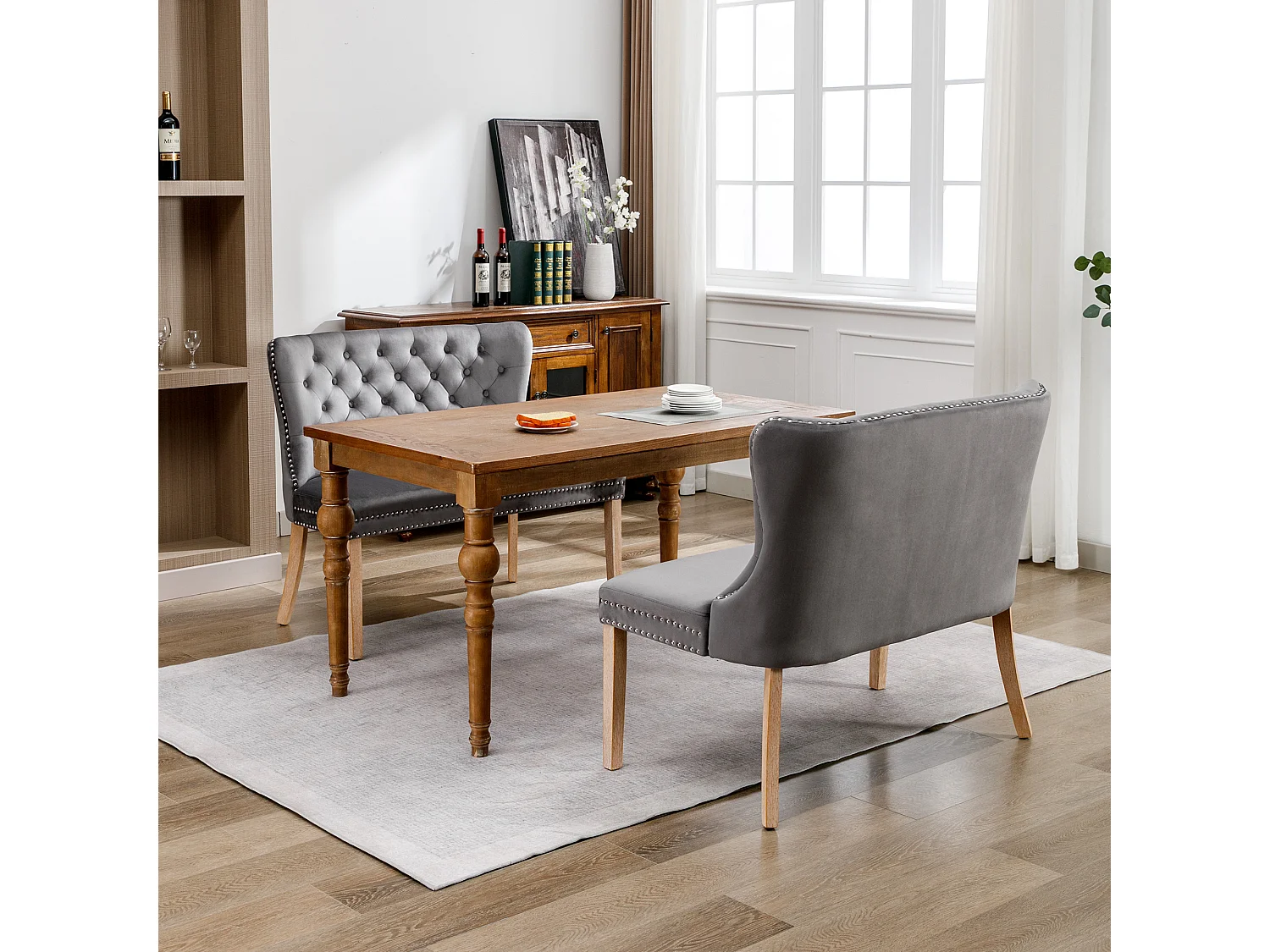 Eetkamerstoel met knopenpatroon, gestoffeerde woonkamerstoel, grijs