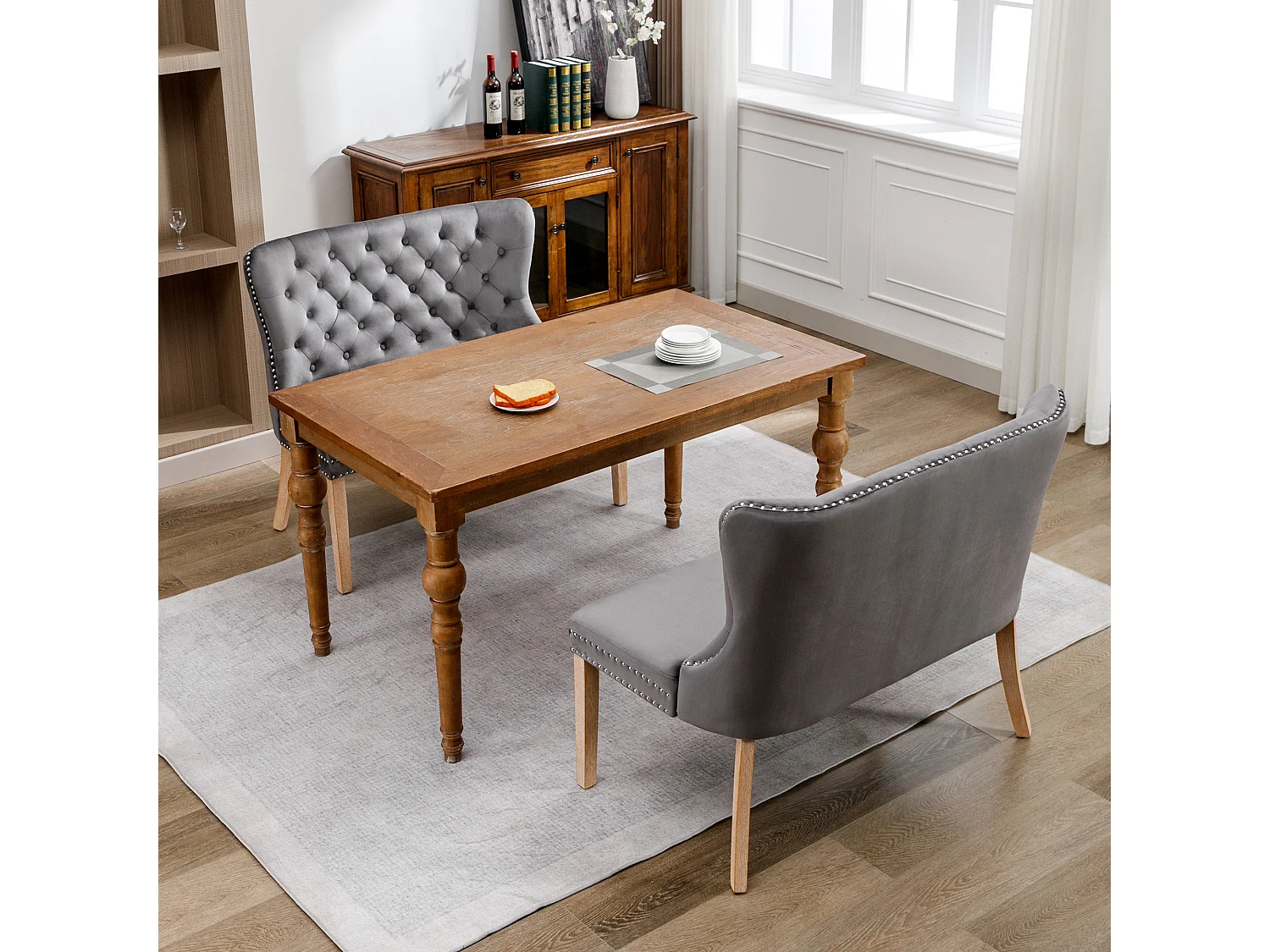 Eetkamerstoel met knopenpatroon, gestoffeerde woonkamerstoel, grijs