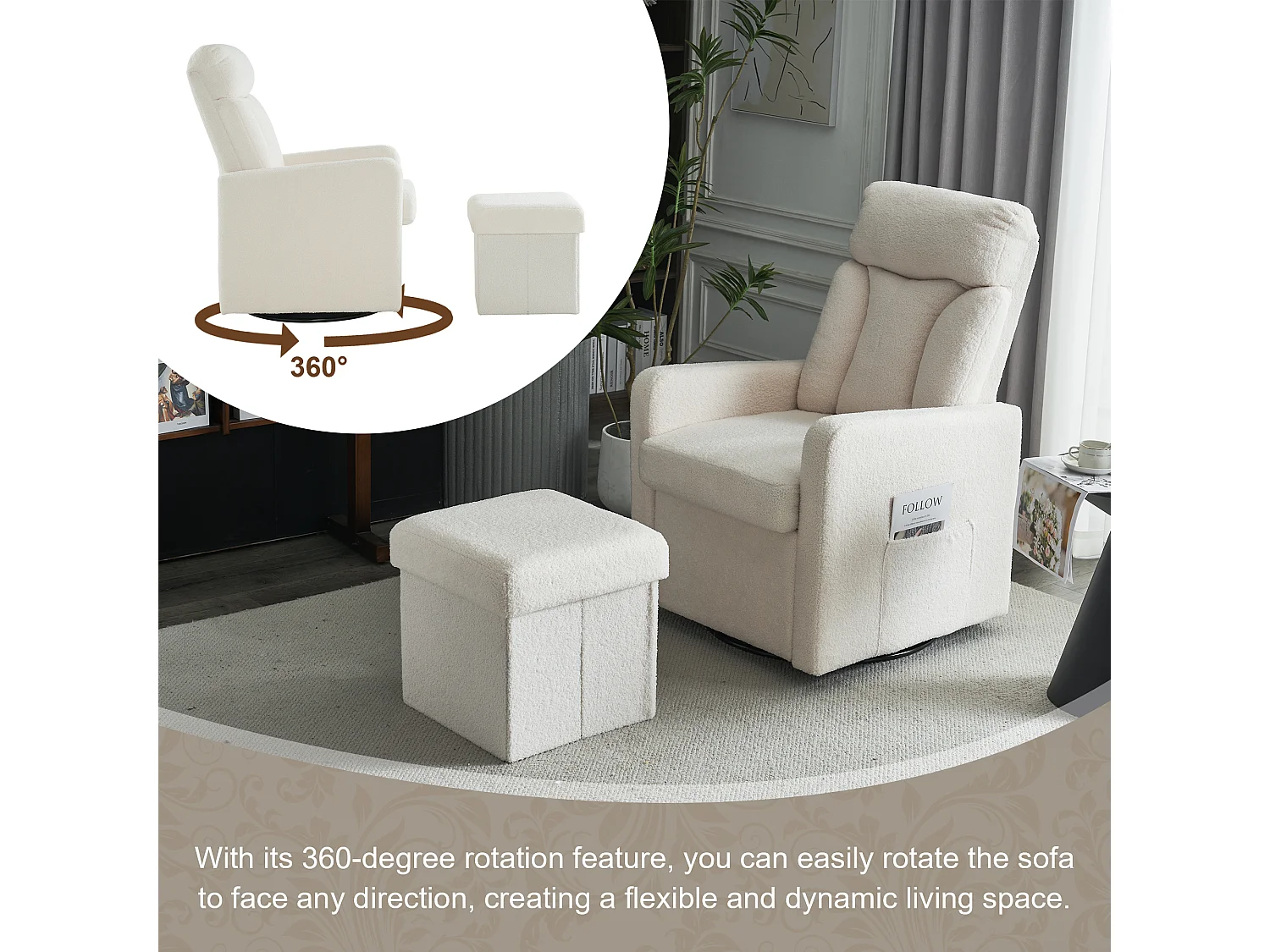 Chaise confortable avec repose-pieds et cadre rotatif en métal