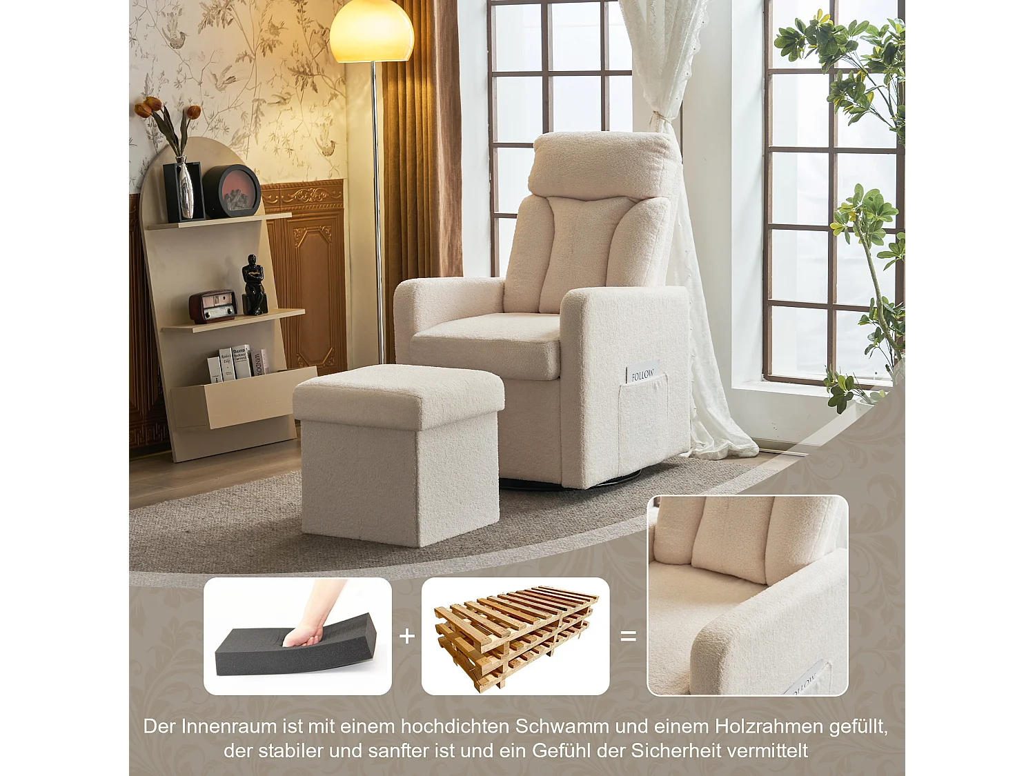 Chaise confortable avec repose-pieds et cadre rotatif en métal