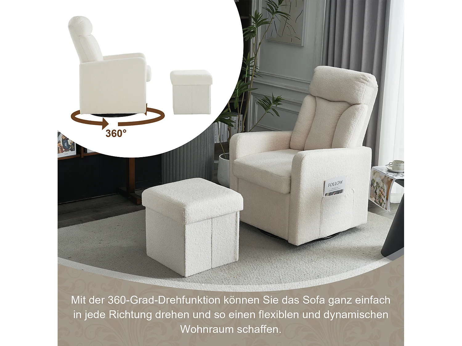 Chaise confortable avec repose-pieds et cadre rotatif en métal