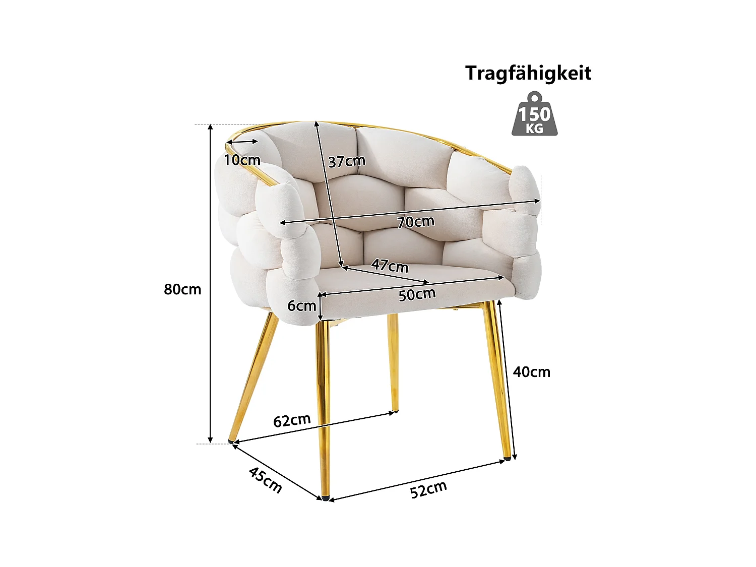 Chaise velours beige design moderne pieds métal doré confort salon salle à manger 50x47x80 cm